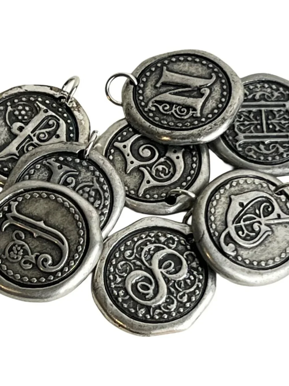 8 Vintage Wax Seal Initial Charms – Antique Silver Monogram Letter Pendants